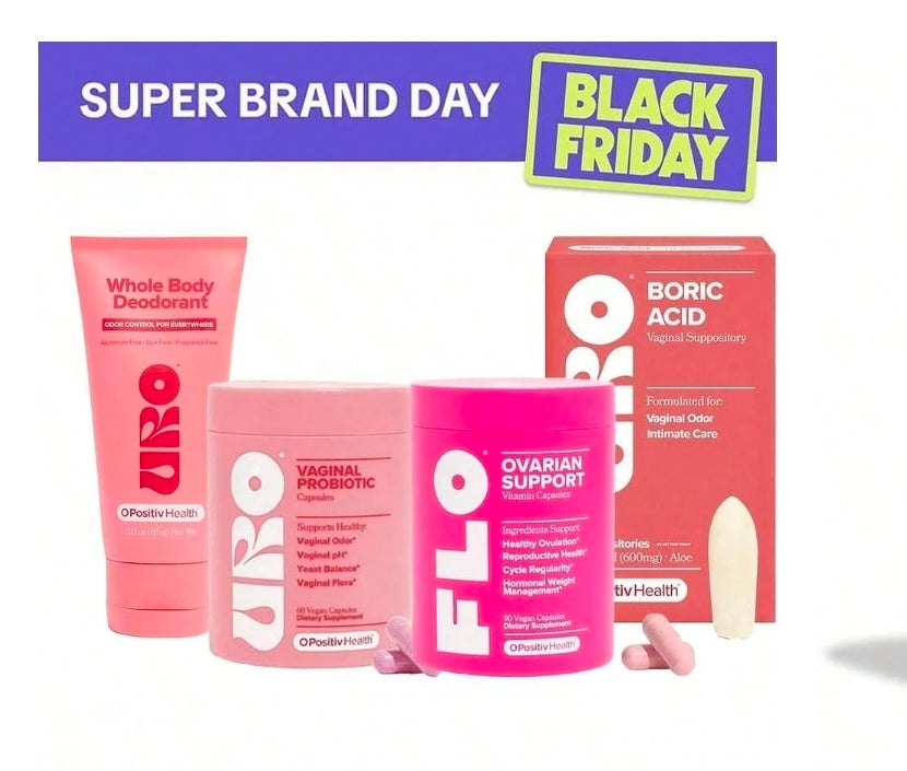 URO FAMILY PACK. VAGINAL PROBIOTICS & SUPPOSITORIES & FLO PMS AND DEODORANT.
